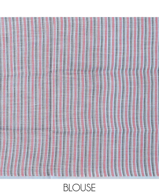 Borderless baby blue striped and geometric buttas cotton saree, contrast geometric maze like printed pallu