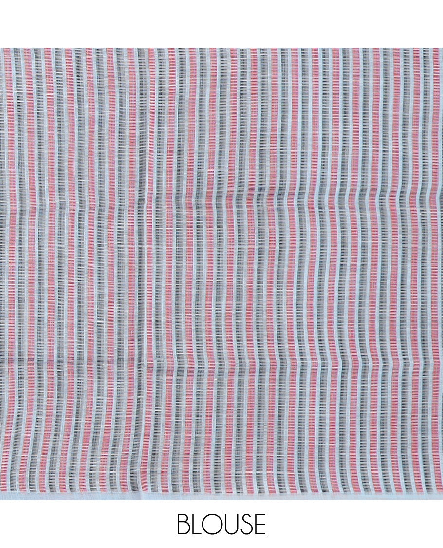 Borderless baby blue striped and geometric buttas cotton saree, contrast geometric maze like printed pallu