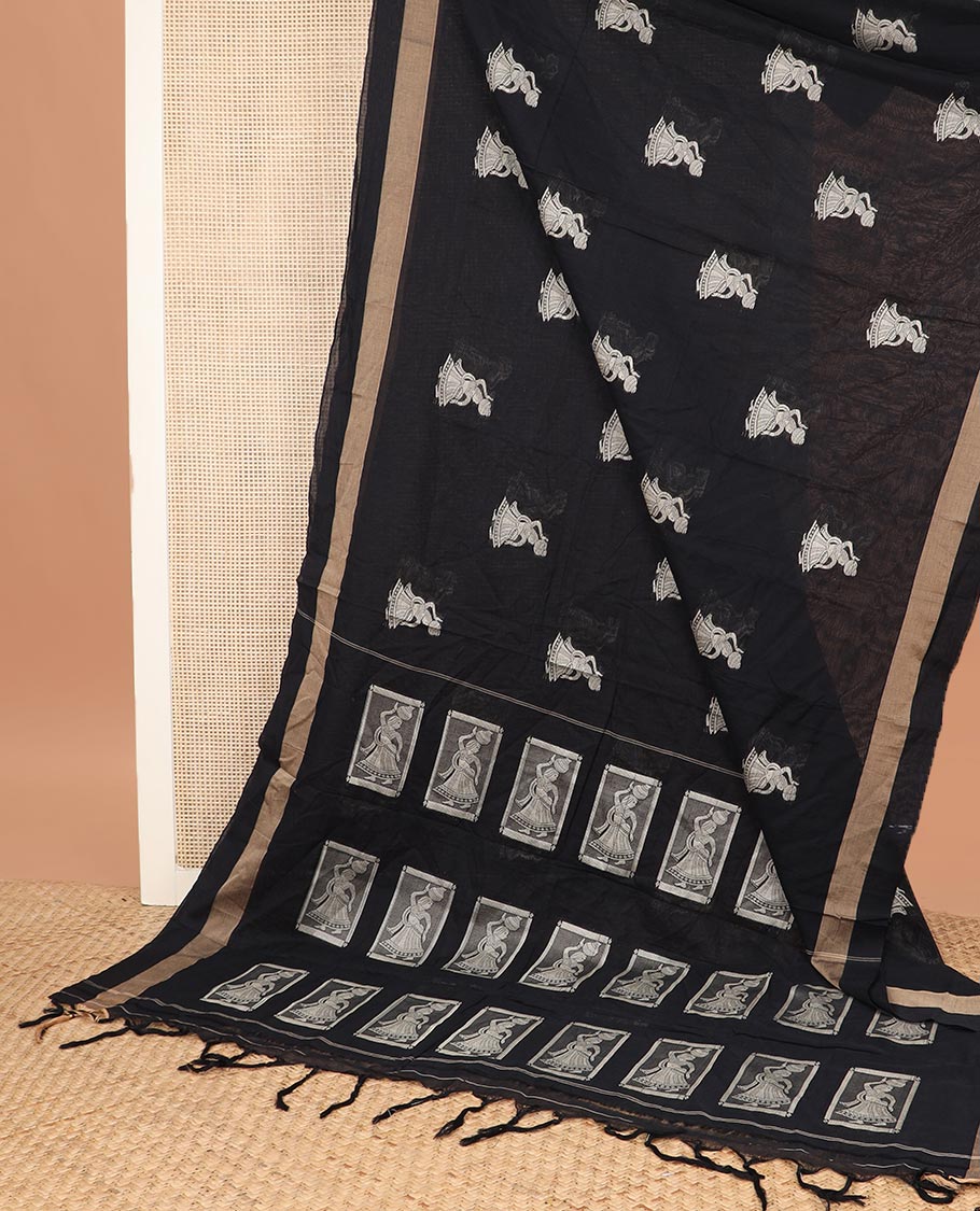 Black Narayanapet cotton saree features women with a pot motifs all over its body, zari border, and pallu mirrors the same body design
