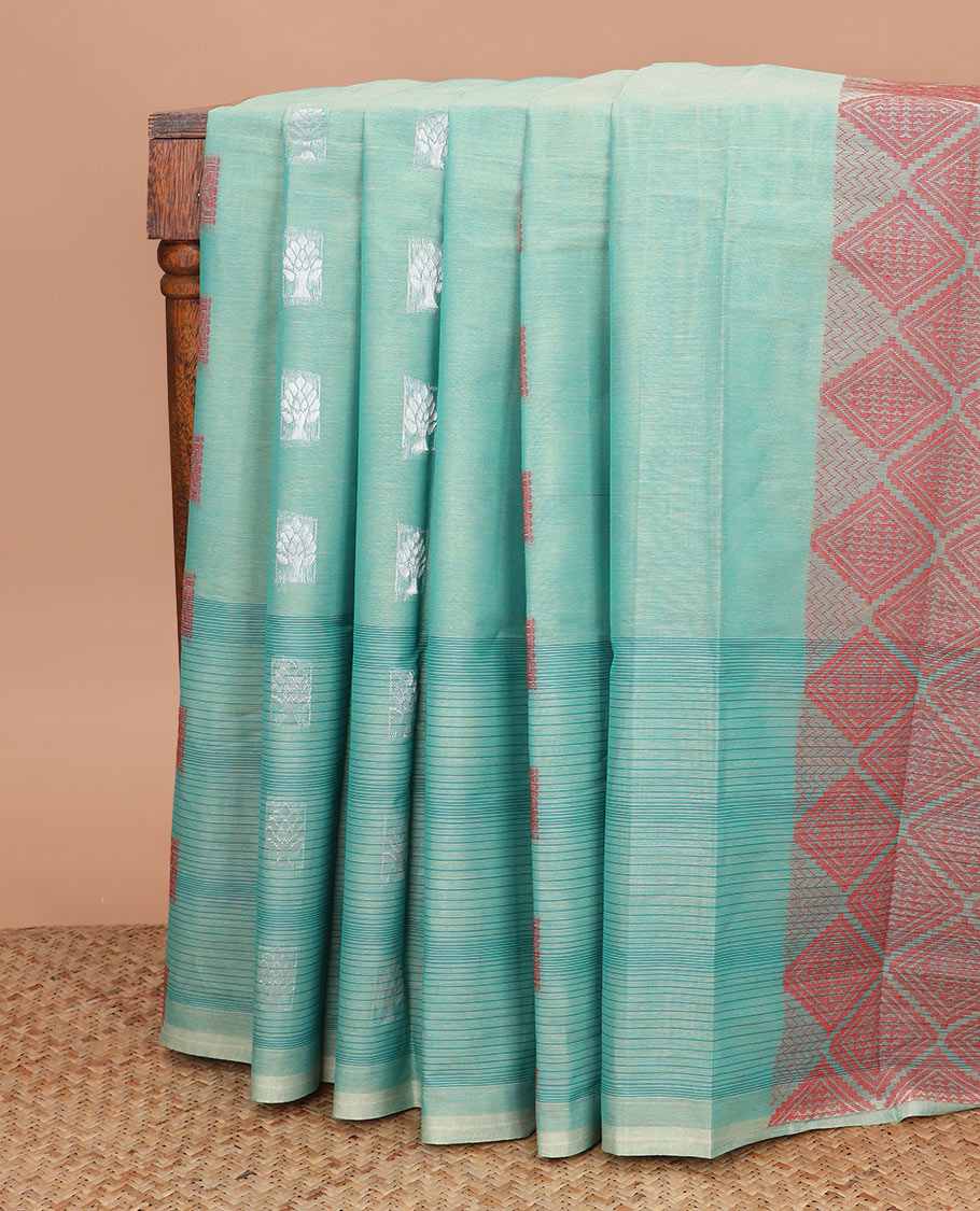 Borderless blue unique buttas kanchi cotton saree, jaal design pallu