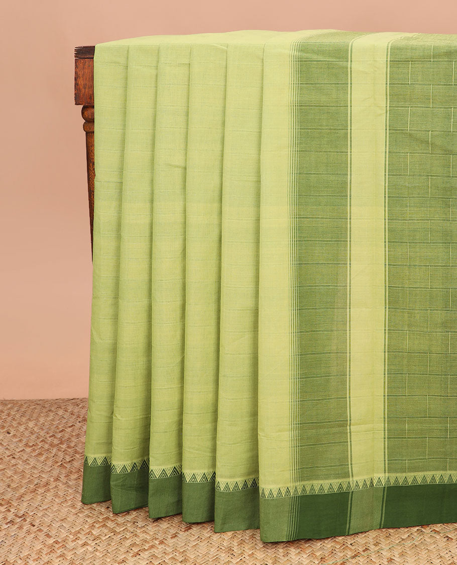 Green striped Andhra cotton saree, contrast temple border, and contrast checked pallu