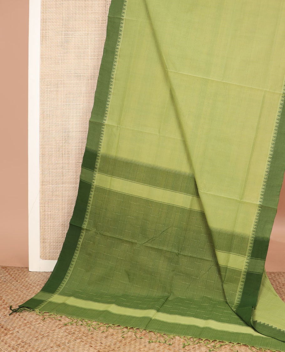 Green striped Andhra cotton saree, contrast temple border, and contrast checked pallu