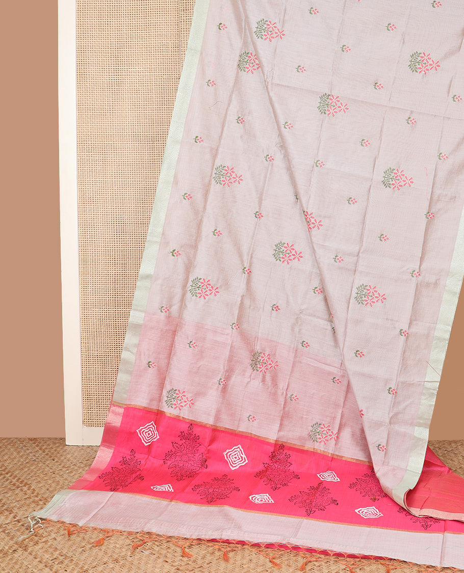 Grey floral embroidered chirala cotton saree, plain border, and contrast printed pallu