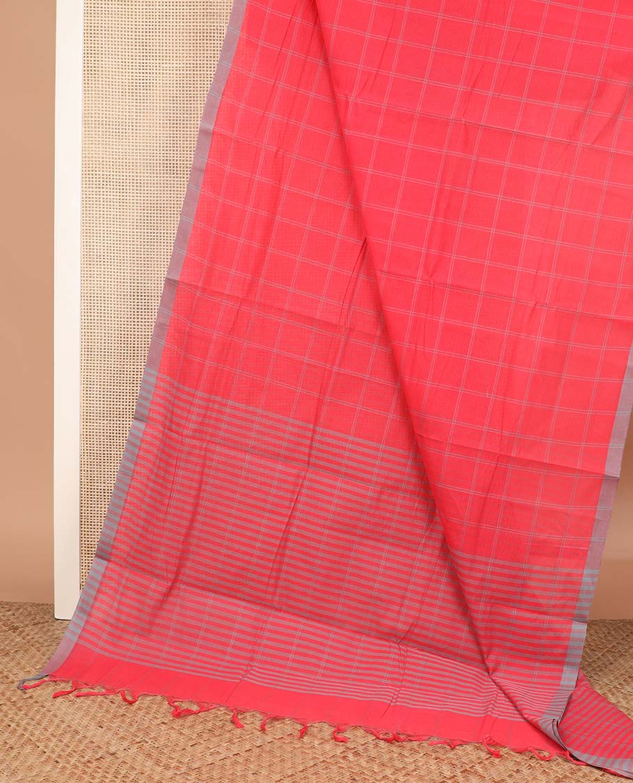 Red checked Mangalagiri cotton saree with contrast striped border, striped pallu, and a contrast kalamkari floral printed blouse