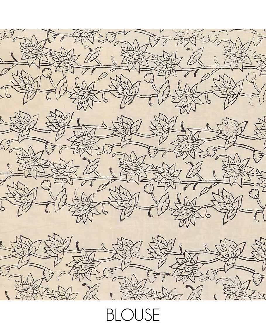 Green paisleys machine-printed Kalamkari cotton saree, contrast printed border, and printed pallu