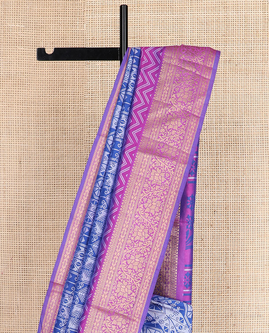 Blue intricately designed semi-banaras patola silk saree, contrast floral creeper zari design border, and pallu of chevron and floral designs
