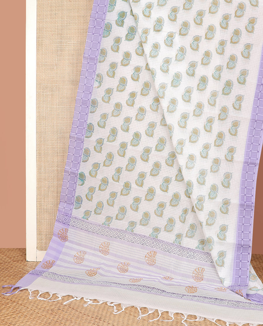 White Chirala Cotton Saree, Enthralled with Checks and Leaf Buttas All Over Its Body, Complemented by a Contrast Border, Pallu Features Shell Motifs, and Paired with a Contrast Geometric Blouse
