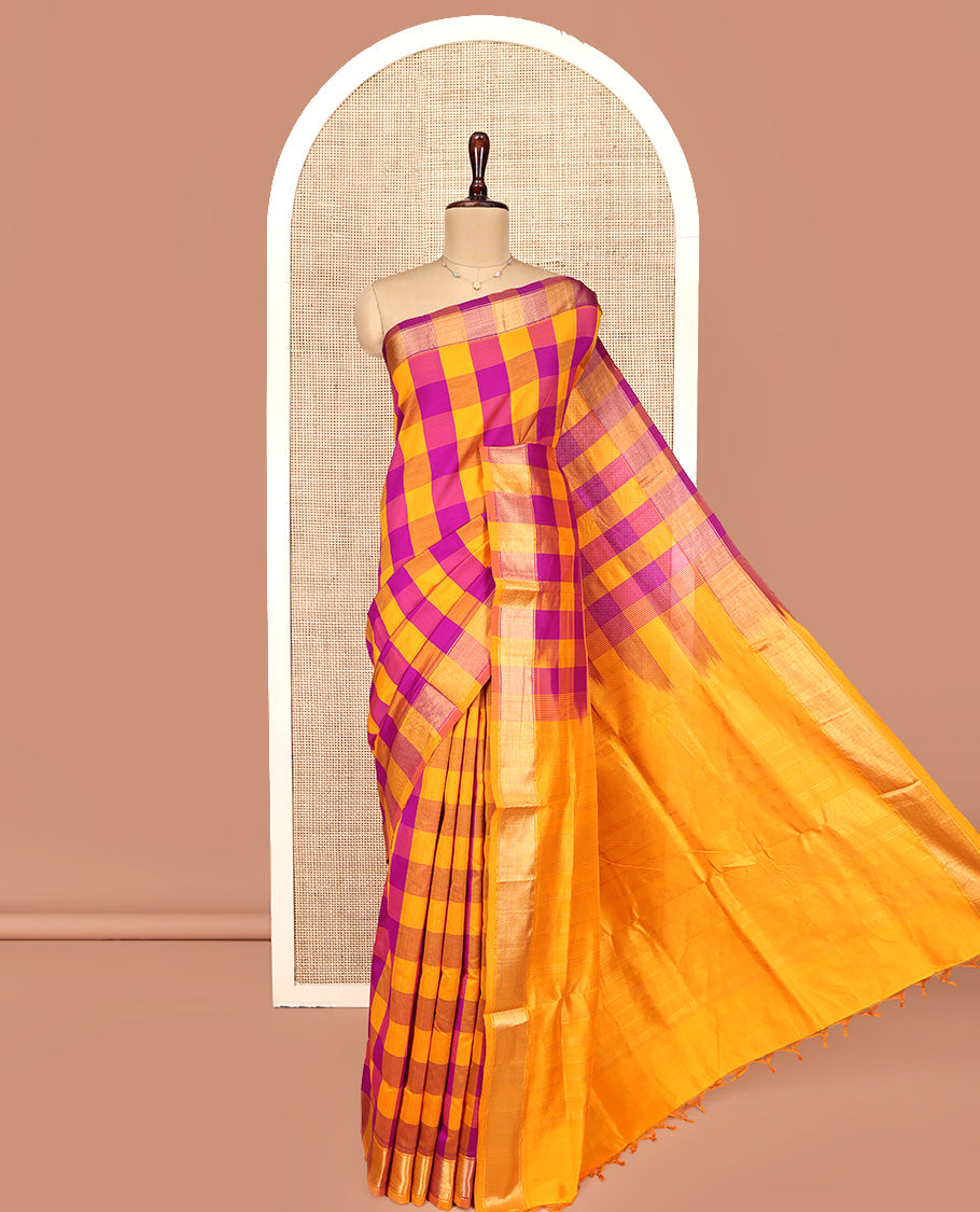 Multi-Color Checked Poly Cotton Saree, Highlighted by Traditional Zari Border, Zari Design Pallu, and Paired with a Matching Blouse