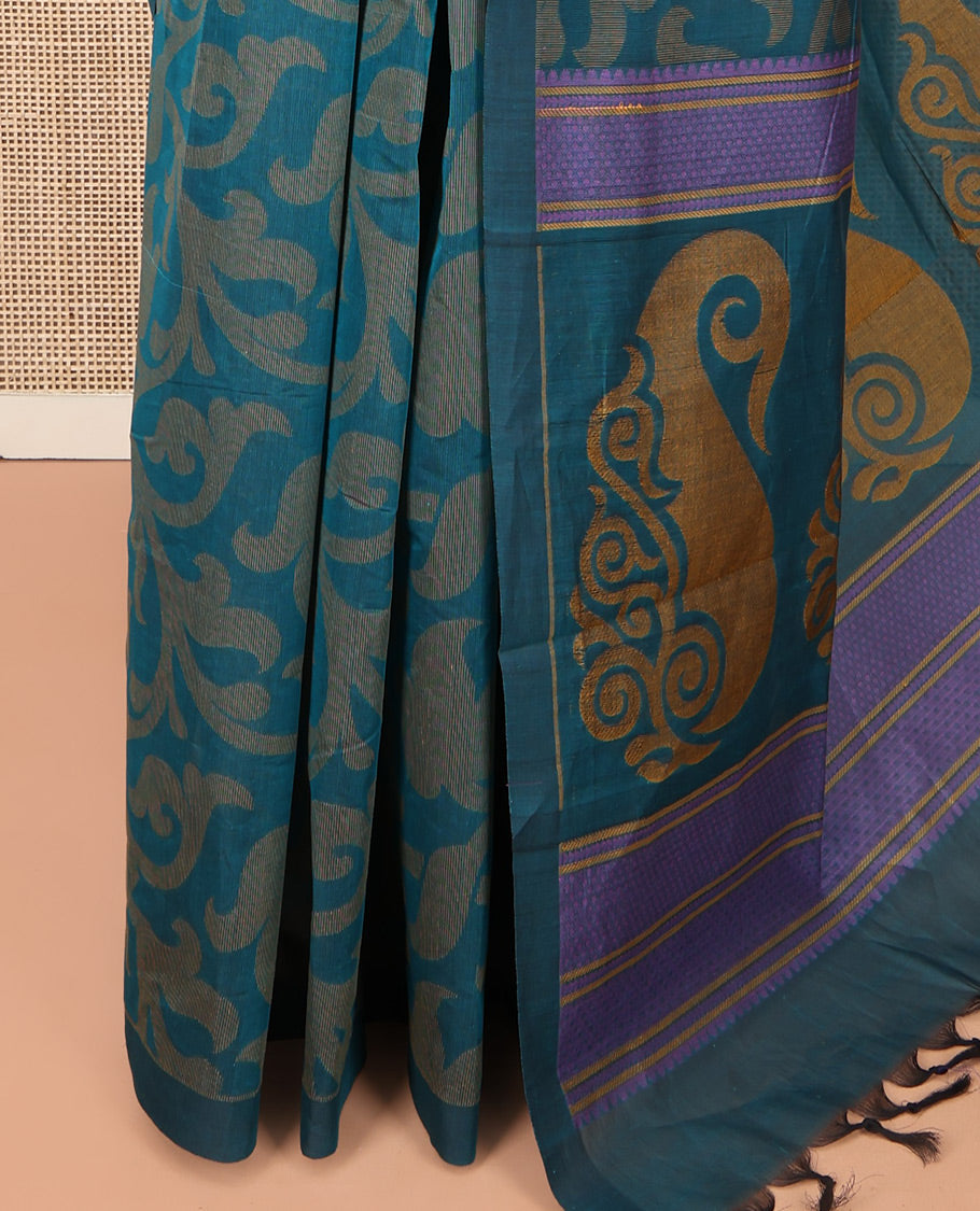 Blue Coimbatore Cotton Saree, Beautified with Floral Vine on Its Body, a Subtle Plain Border, Pallu of Paisleys, and Paired with Matching Blouse