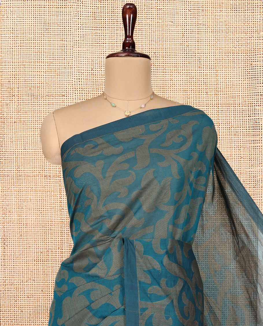 Blue Coimbatore Cotton Saree, Beautified with Floral Vine on Its Body, a Subtle Plain Border, Pallu of Paisleys, and Paired with Matching Blouse