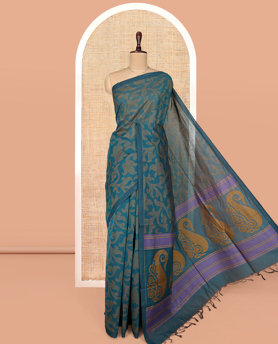 Blue Coimbatore Cotton Saree, Beautified with Floral Vine on Its Body, a Subtle Plain Border, Pallu of Paisleys, and Paired with Matching Blouse