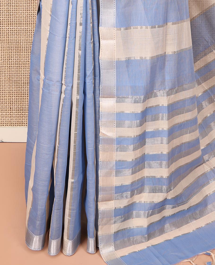 Blue-Cream Mangalgiri Cotton Saree, Subtly Sparkled with Stripes on Its Body, Highlighted by Zari Temple Border, Zari-Striped Pallu, and Paired with a Matching Blouse