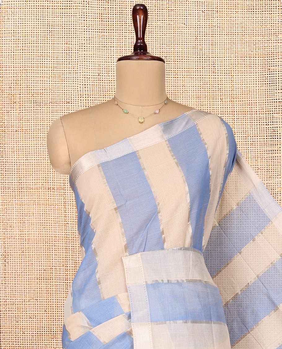 Blue-Cream Mangalgiri Cotton Saree, Subtly Sparkled with Stripes on Its Body, Highlighted by Zari Temple Border, Zari-Striped Pallu, and Paired with a Matching Blouse