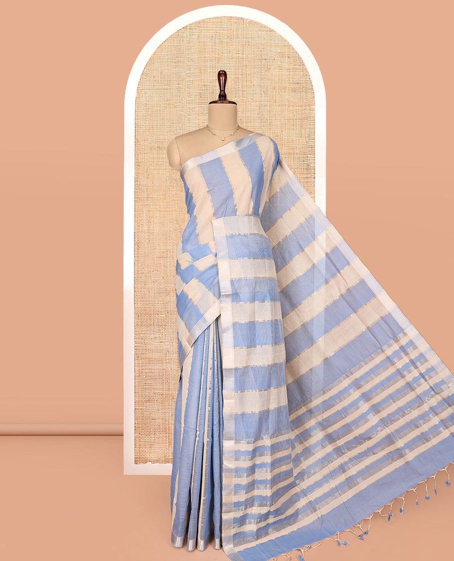 Blue-Cream Mangalgiri Cotton Saree, Subtly Sparkled with Stripes on Its Body, Highlighted by Zari Temple Border, Zari-Striped Pallu, and Paired with a Matching Blouse