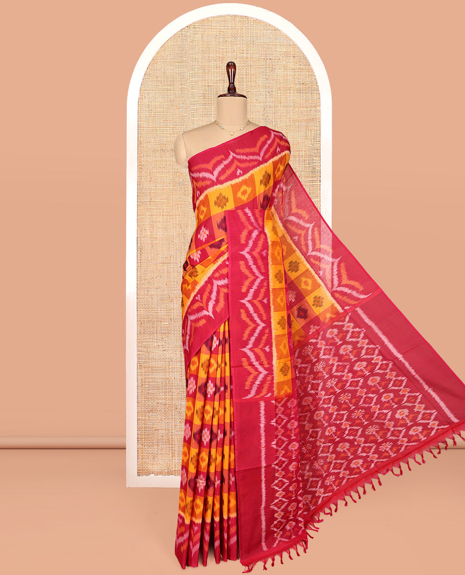 Multi-Color Ikkat Cotton Saree, Accentuated with Butta Enclosed Checks, Complemented by a Contrast Ikkat-Textured Border, Ikkat-Textured Pallu, and Paired with a Contrast Blouse