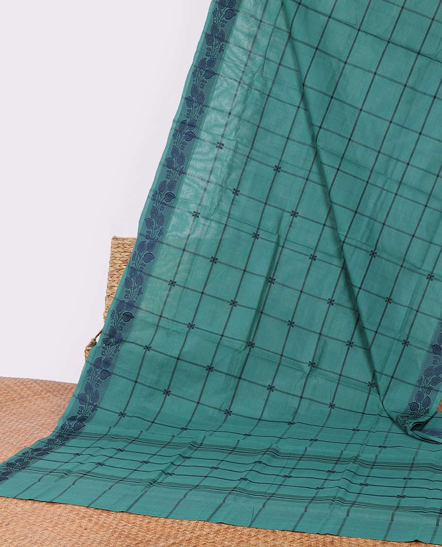 Blue-checked Chettinad cotton saree, leaf creeper border