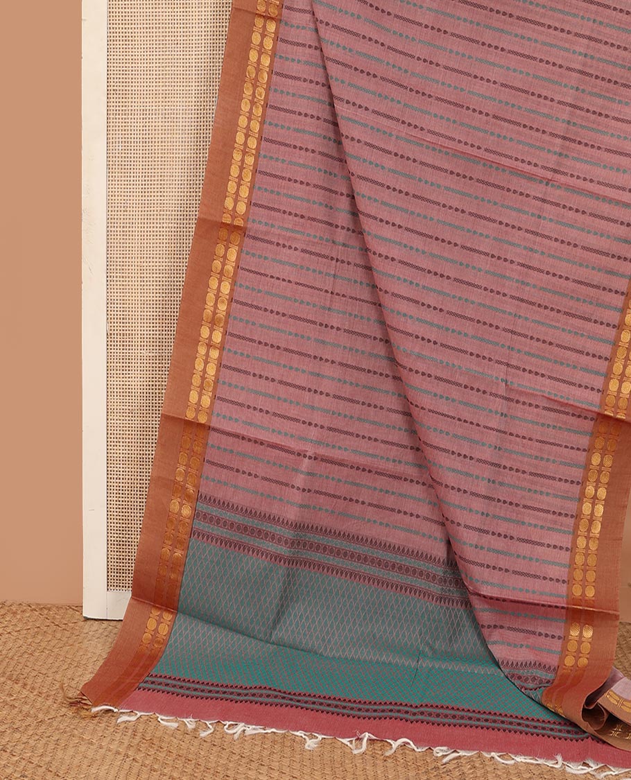 Pink traditional design Kanchi cotton saree, contrast rudraksham border, and pallu of jaal design