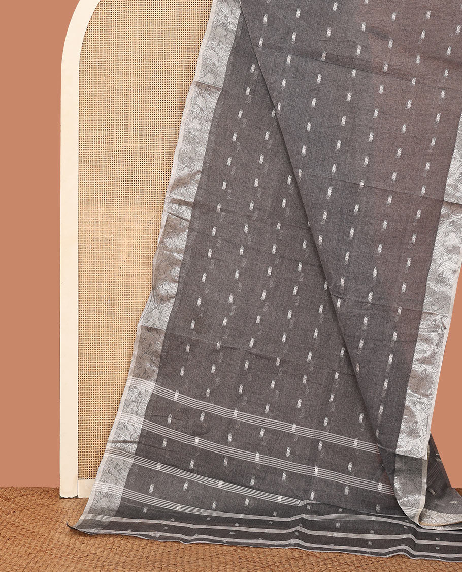 Grey Bengal Cotton Saree Woven with Buttas All Over Its Body, Highlighted by Traditional Zari Border, Striped Pallu, and Comes Without a Blouse