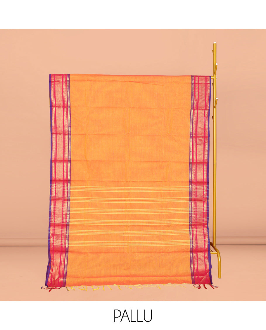 Orange Plain Chettinad Cotton Saree, Complemented by a Contrast Traditional Zari Design Woven Border, Pallu of Stripes, and Paired with a Matching Blouse