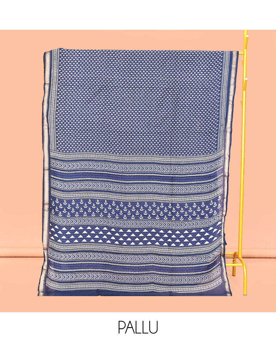 Blue Mul Mul Cotton Saree, Bedecked with Paisley Buttas, a Piping Border, Geometric-Printed Pallu, and a Matching Blouse