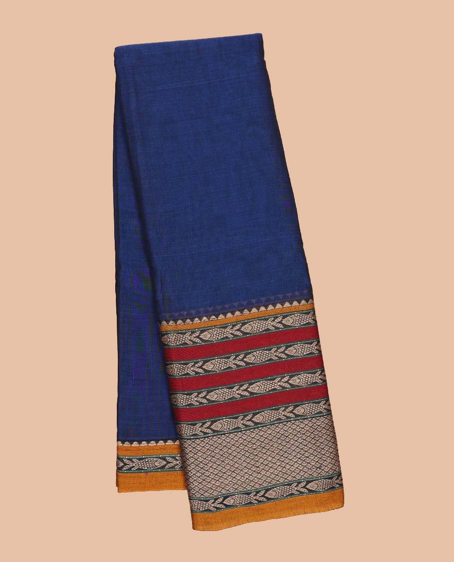 Blue plain Narayanapet cotton saree, contrast traditional zari design border & striped pallu