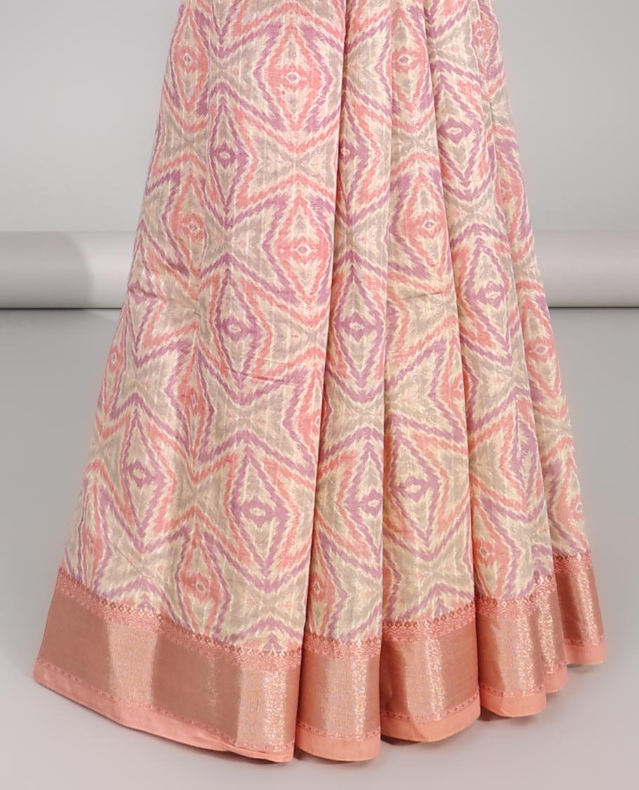 Peach geometric design dola silk saree with self border & zari design pallu