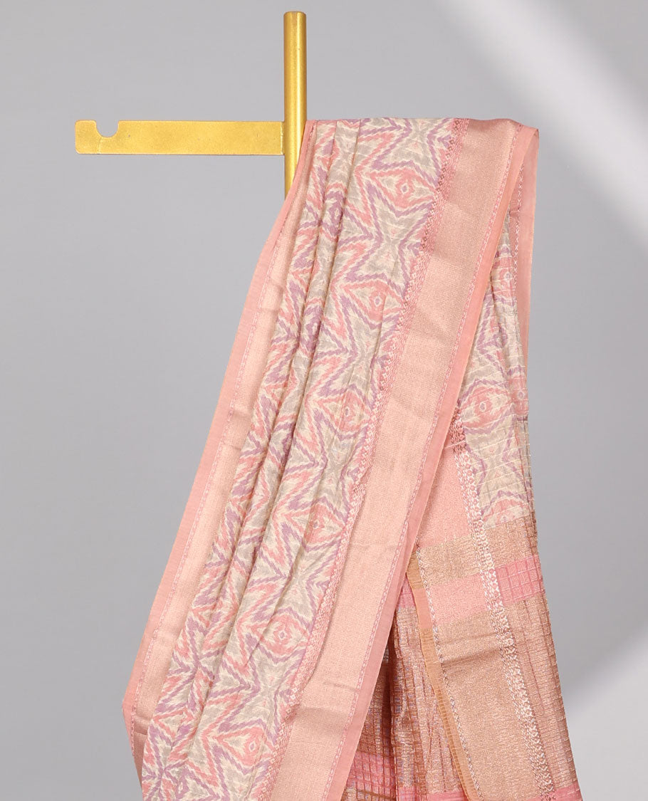 Peach geometric design dola silk saree with self border & zari design pallu
