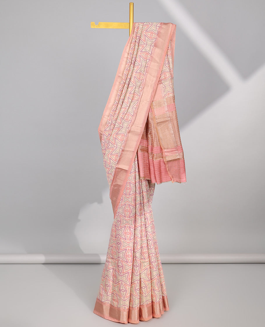 Peach geometric design dola silk saree with self border & zari design pallu