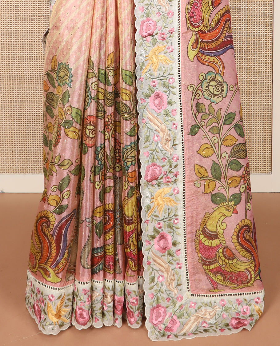 Pink buttas with bandhani and kalamkari floral-fauna printed dola silk saree, contrast floral embroidered scallop border