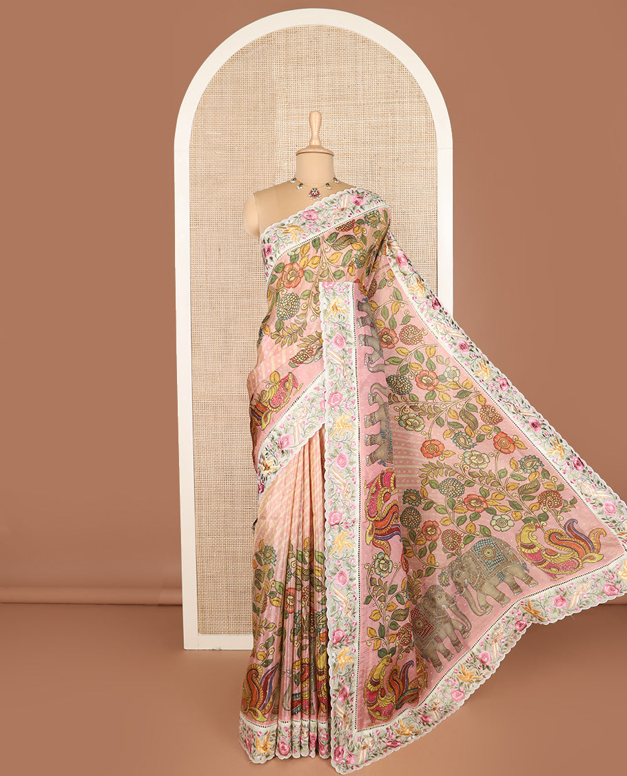 Pink buttas with bandhani and kalamkari floral-fauna printed dola silk saree, contrast floral embroidered scallop border