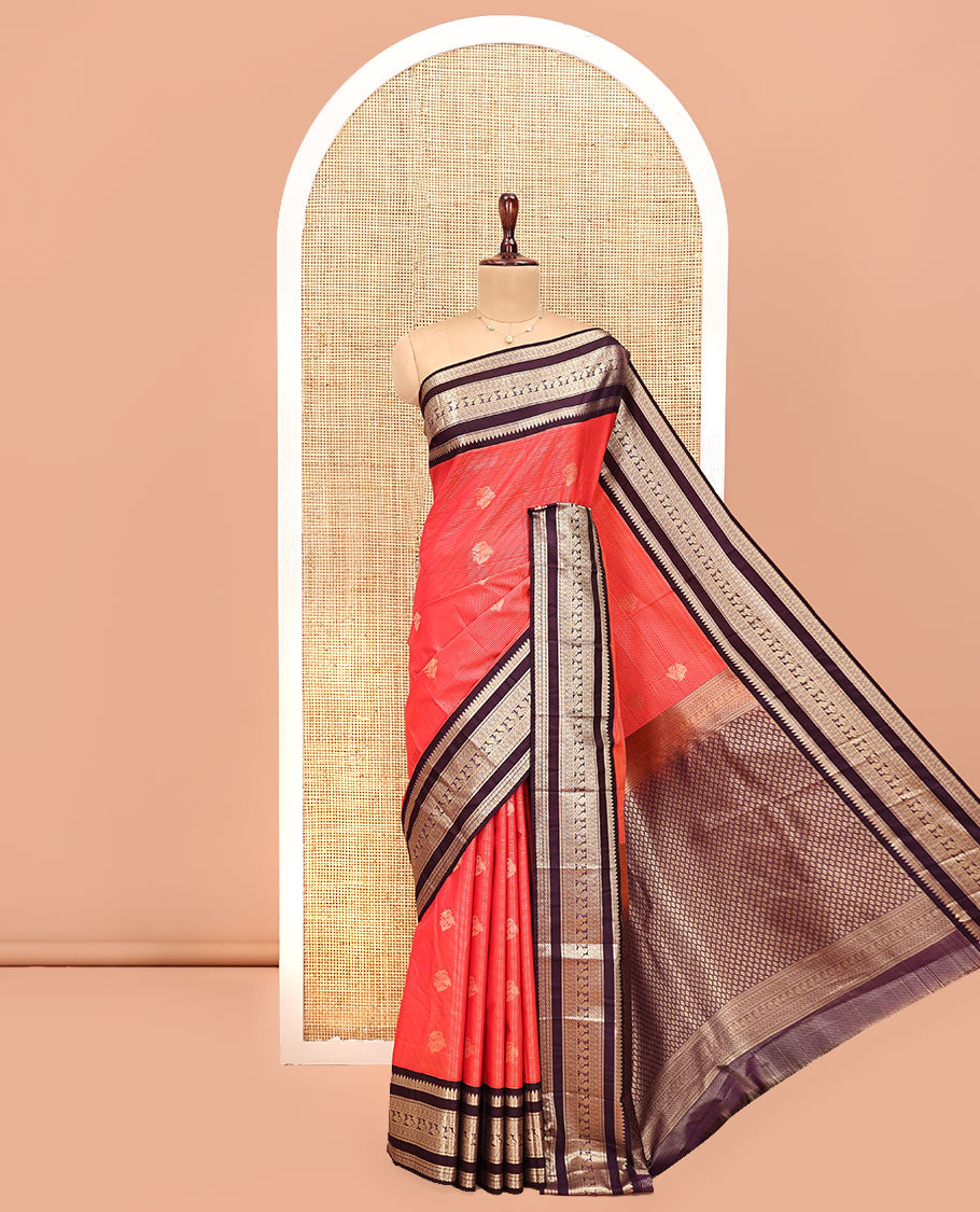 Reddish Orange and Coffee Brown Budget Silk Saree, Subtly Sparkled With Vaira Oosai Stripes and Zari Buttas , Complemented by Contrast Varisai Pettu Traditional Zari Border of Peacock Designs, Grand Jaal Pallu and Paired with a Contrast Blouse