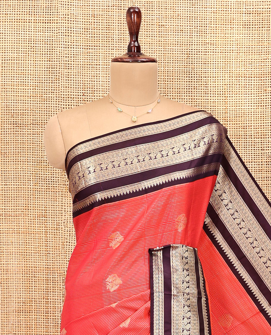 Reddish Orange and Coffee Brown Budget Silk Saree, Subtly Sparkled With Vaira Oosai Stripes and Zari Buttas , Complemented by Contrast Varisai Pettu Traditional Zari Border of Peacock Designs, Grand Jaal Pallu and Paired with a Contrast Blouse
