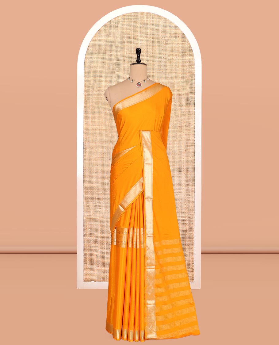 Mustard Traditional Zari Woven Mysore Silk Saree, a Zari Border, Striped Pallu, and a Matching Blouse