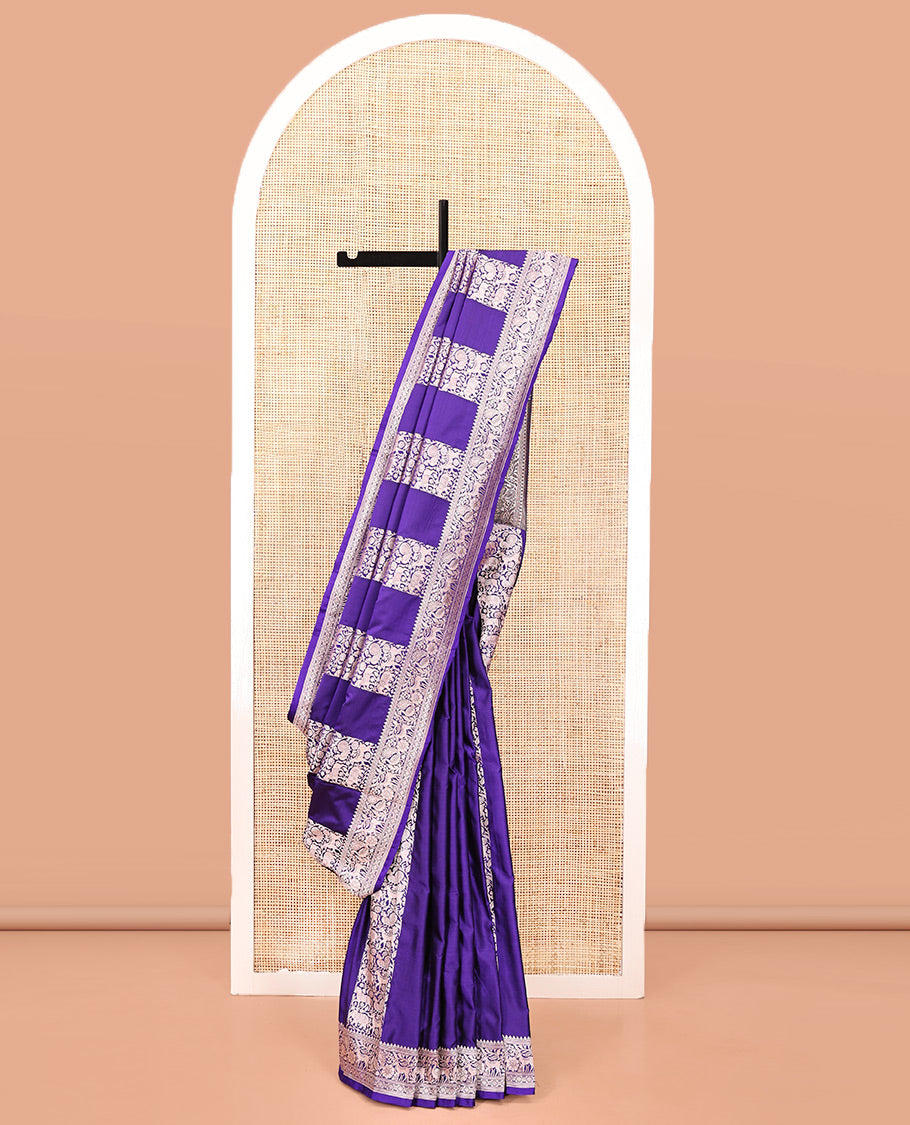 Blue Mushuru Silk Saree, Elegantly Decked Up with Vertically Woven Flora-Fauna Zari Designs On Its Body, Highlighted by Zari Border of Peacock and Deer Motifs, Grand Pallu, and Paired with a Plain Blouse