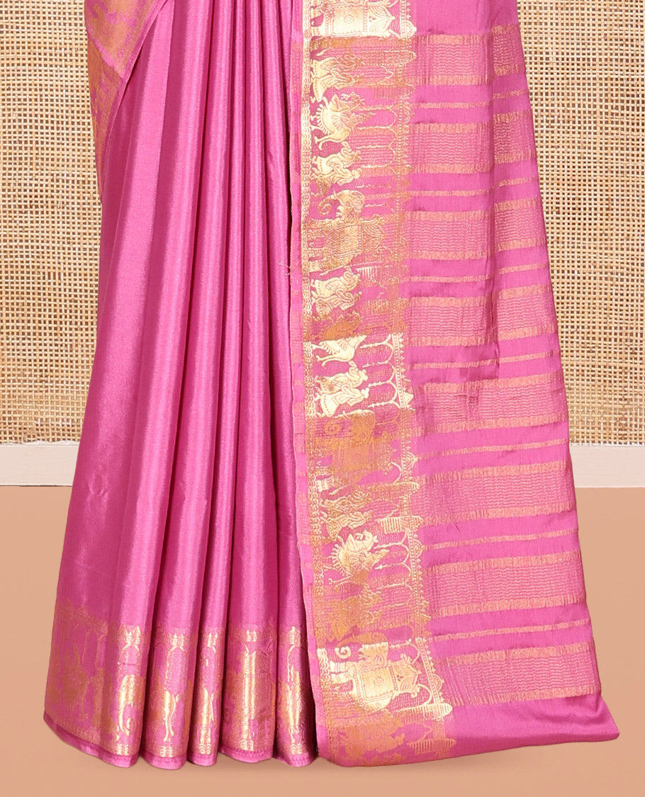 Onion Pink Plain Semi-Mysore Saree, Zari Wedding-Themed Border, Zari Striped Pallu, Matching Blouse