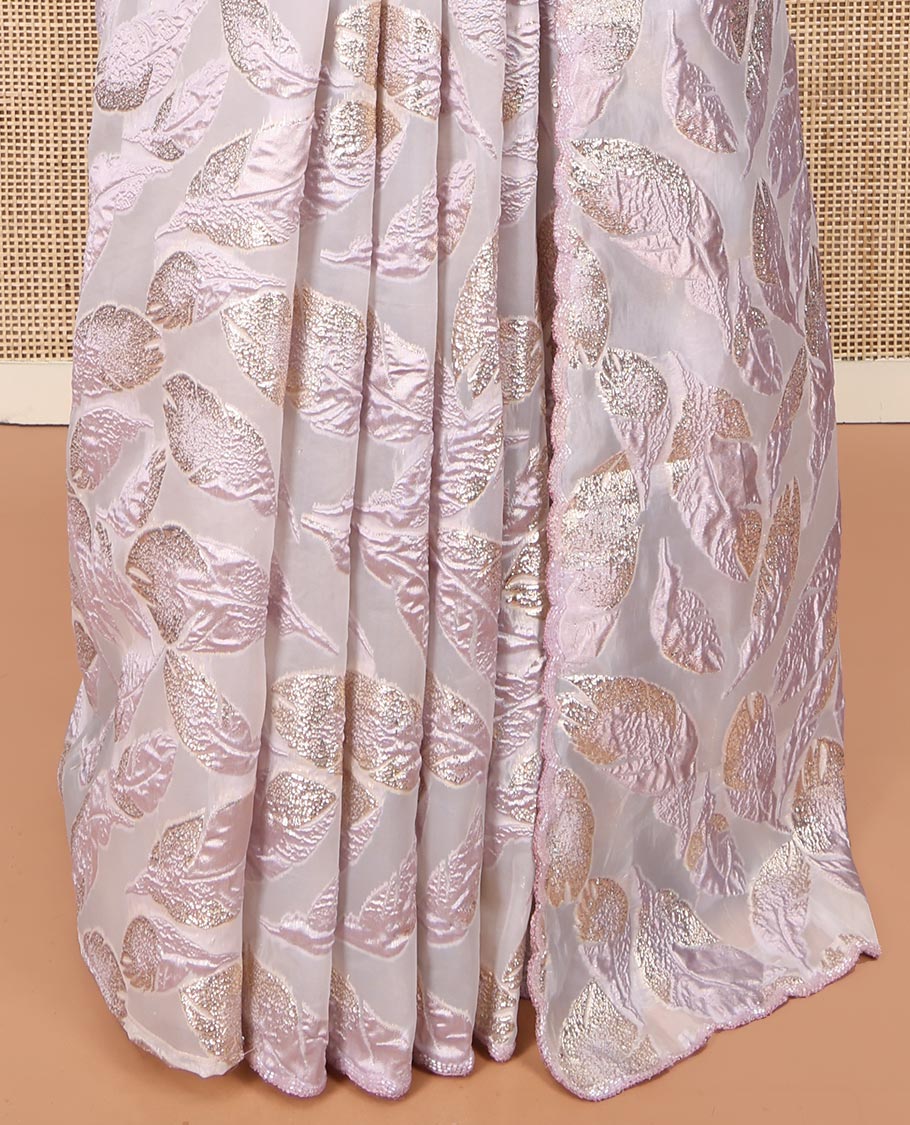 Lavender Turkey Organza Saree Features Leaf Glitterwork, Scallop Beadwork Border, Sequins Embroidered Blouse