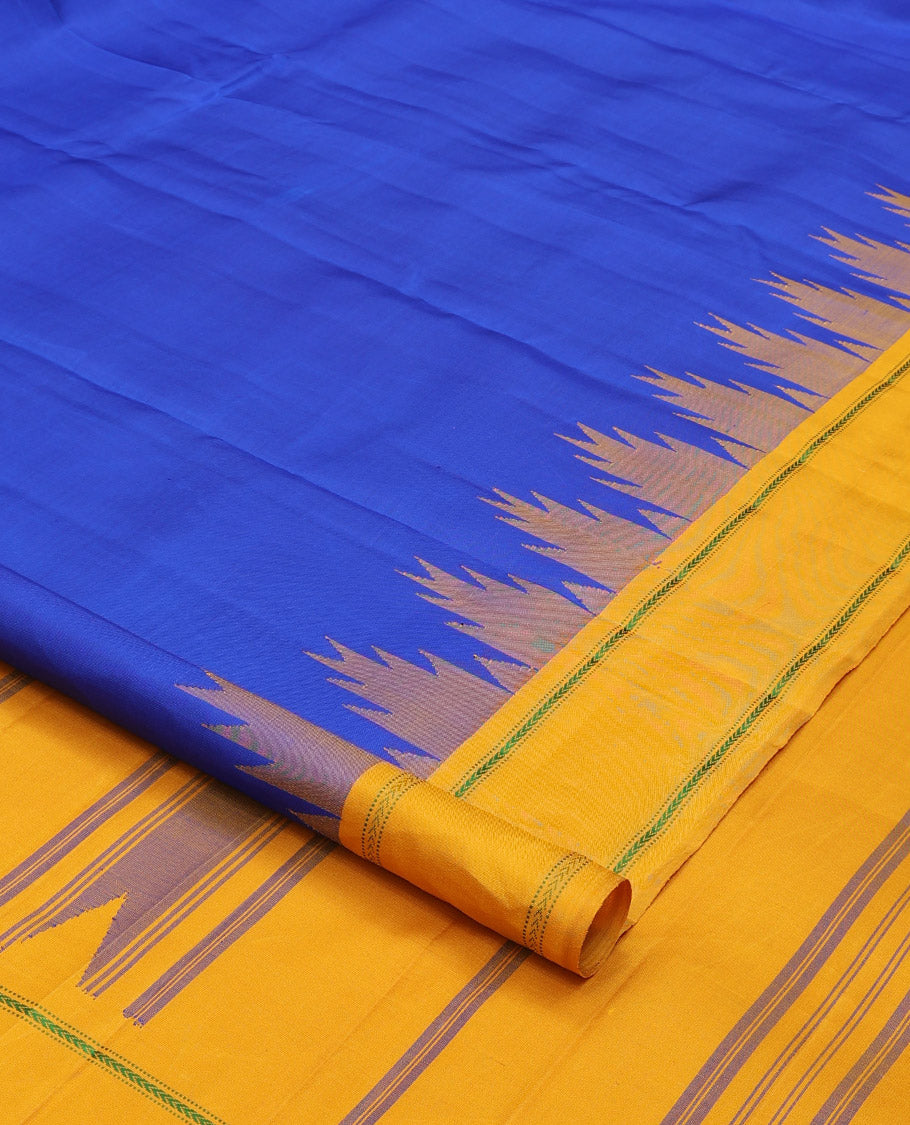 Blue plain kanchipuram silk saree, contrast thazampoo rekku border of muthu, and kathir designs, and pallu of stripes, and thazampoo rekku designs