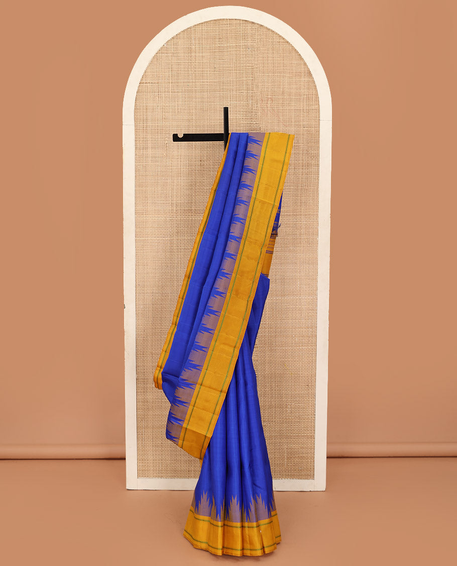 Blue plain kanchipuram silk saree, contrast thazampoo rekku border of muthu, and kathir designs, and pallu of stripes, and thazampoo rekku designs