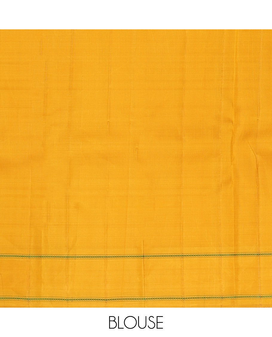 Blue plain kanchipuram silk saree, contrast thazampoo rekku border of muthu, and kathir designs, and pallu of stripes, and thazampoo rekku designs
