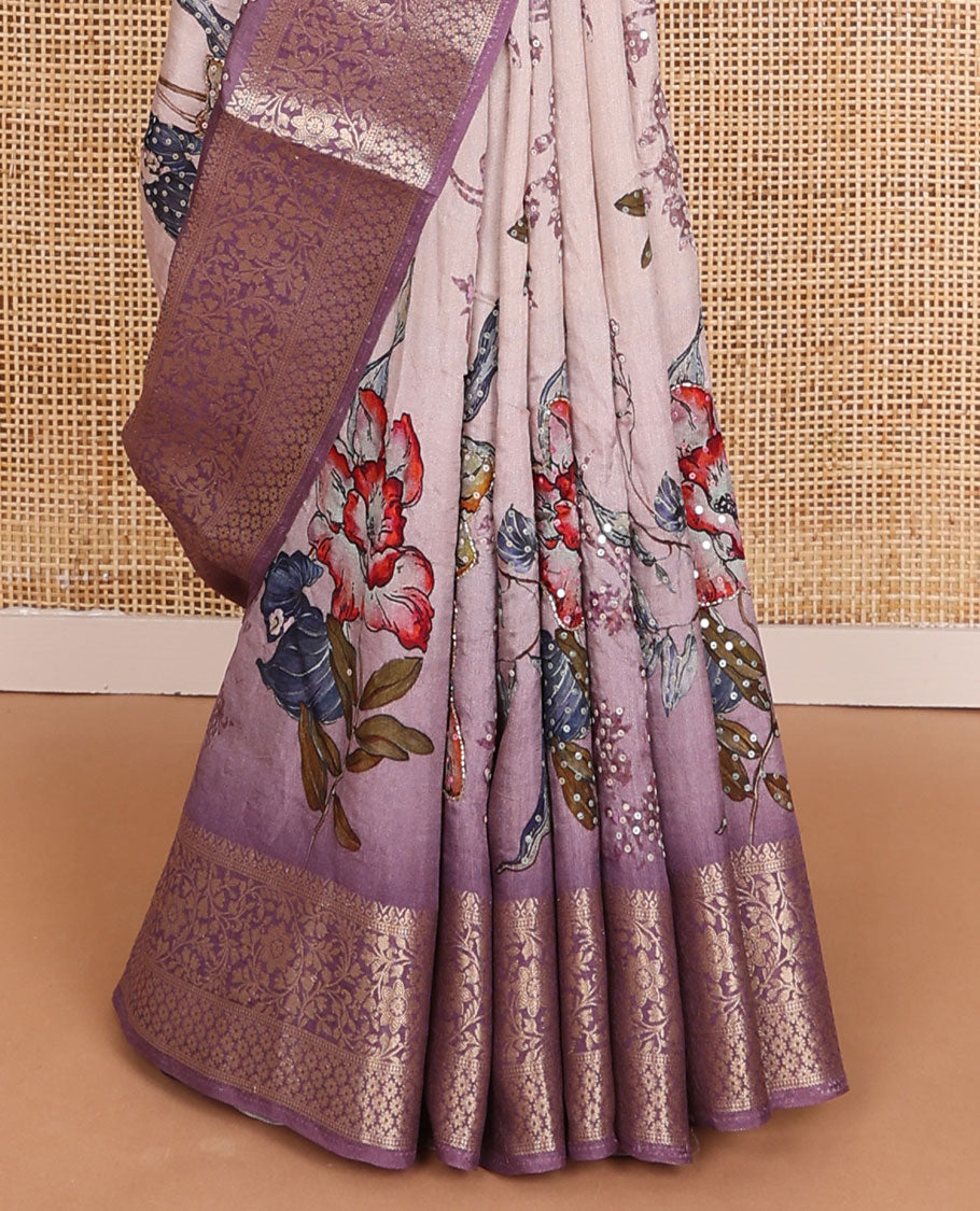 Pale purple floral printed with sequin embroidered dola silk saree, contrast floral zari border & zari striped pallu