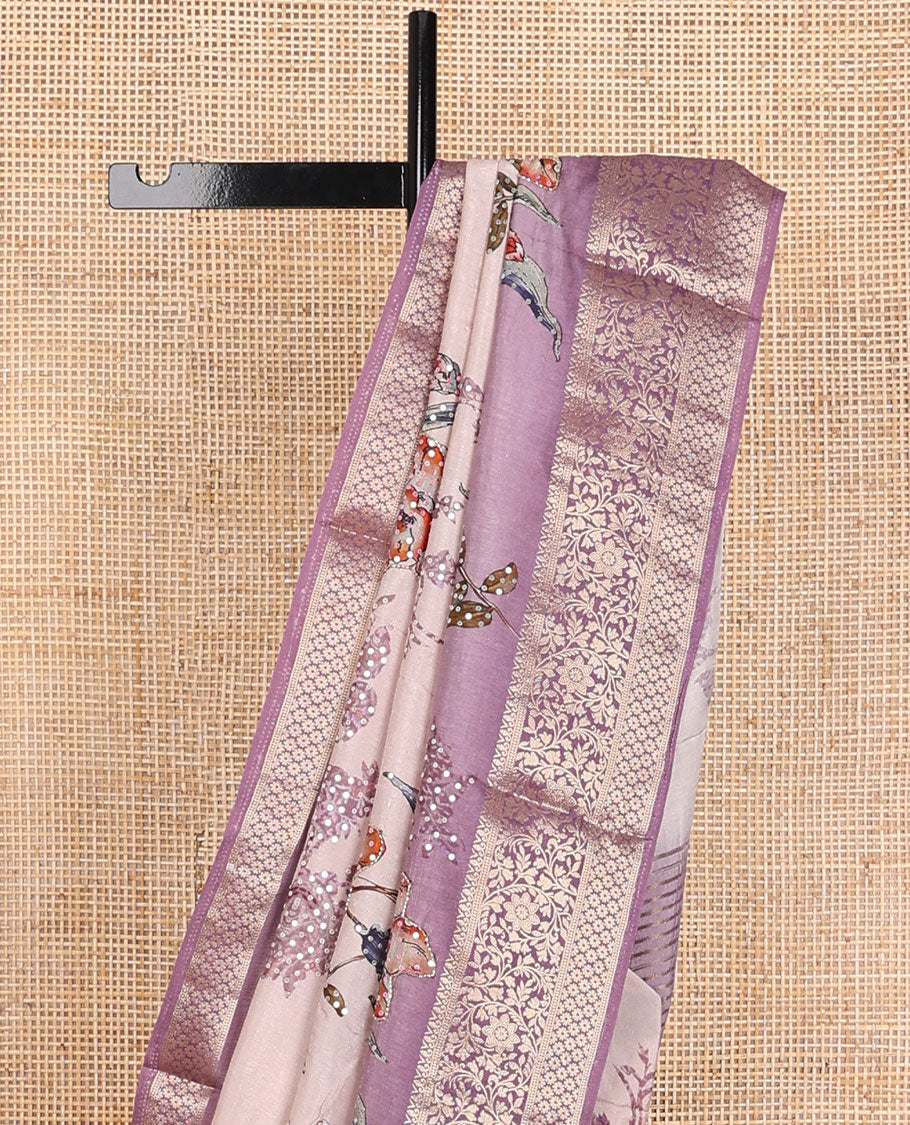 Pale purple floral printed with sequin embroidered dola silk saree, contrast floral zari border & zari striped pallu