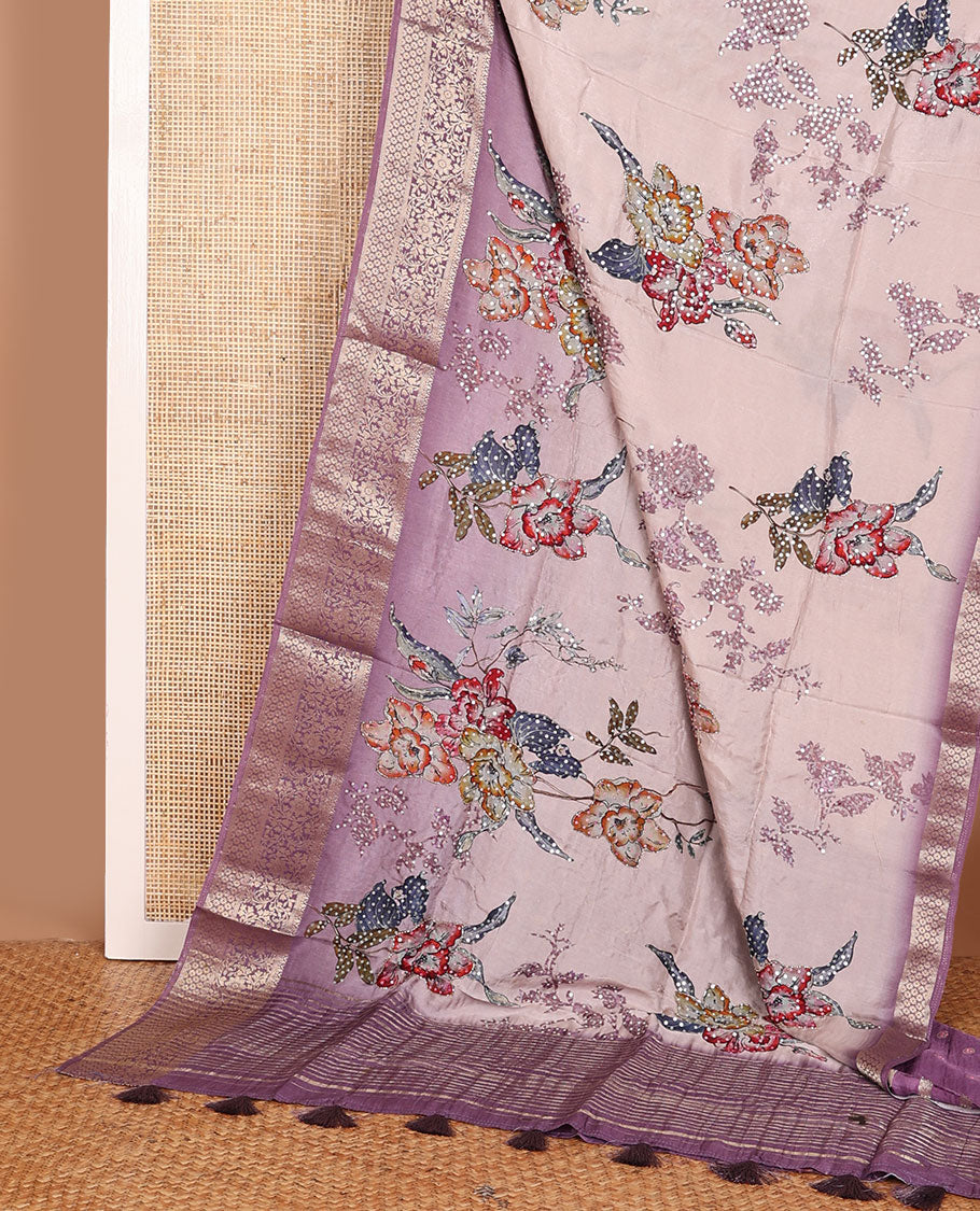 Pale purple floral printed with sequin embroidered dola silk saree, contrast floral zari border & zari striped pallu