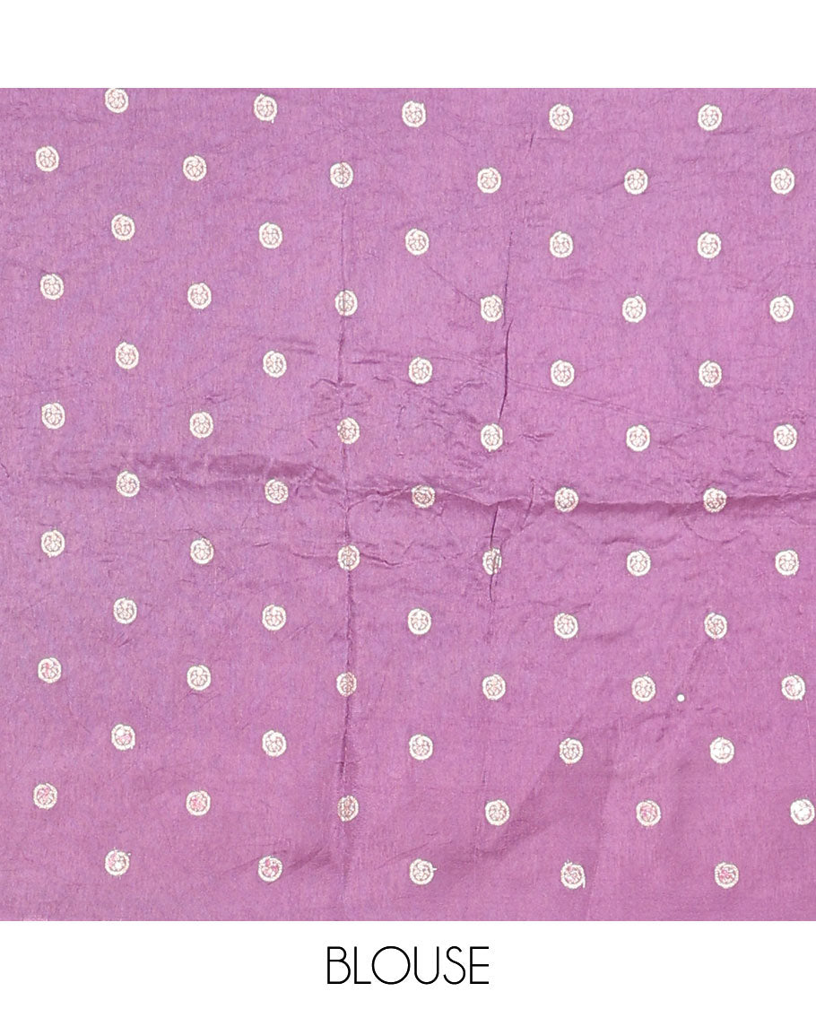 Pale purple floral printed with sequin embroidered dola silk saree, contrast floral zari border & zari striped pallu