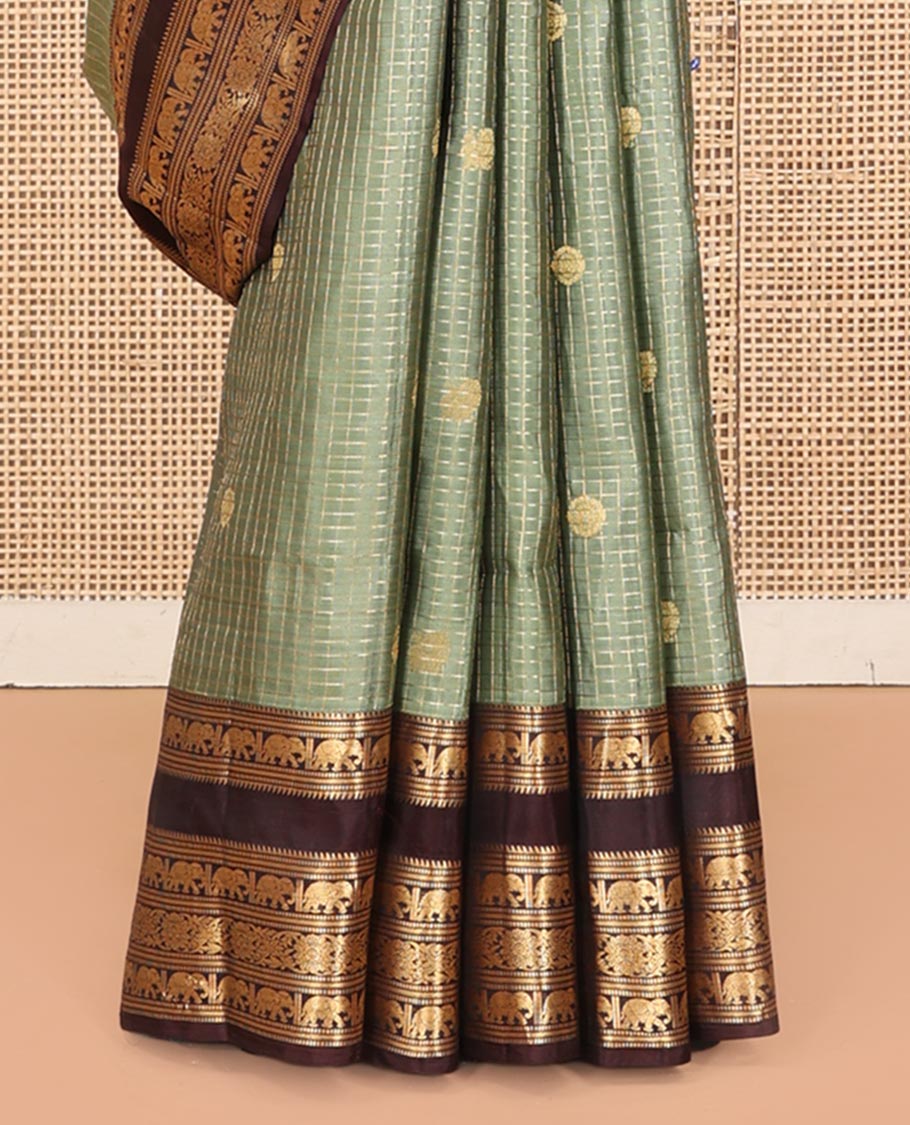 Elaichi Checked Vasundhara Lite Silk Mix Saree, Contrast Elephant Border, Jaal Pallu, and Contrast Blouse
