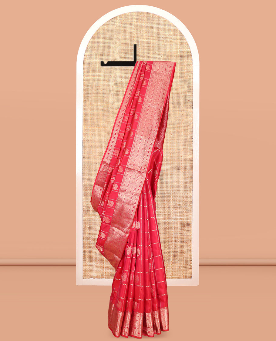 Dark Pink Butta Enclosed Checked Vasundhara Silk Saree, Zari Yaali-Iruthalai Pakshi-Yaanai Border, a Matching Blouse