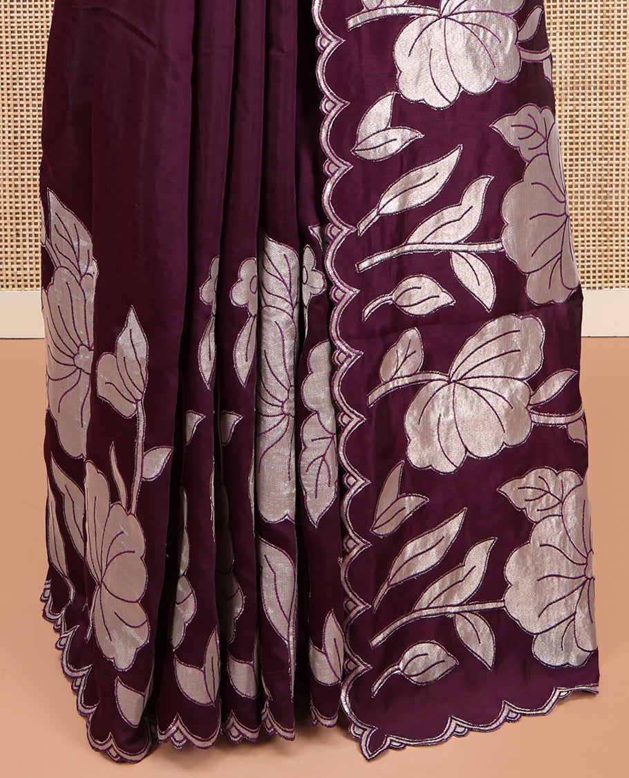 Purple Designer Saree, Beautifully Bedecked with Floral Embroidery, Scallop Border, and Matching Blouse