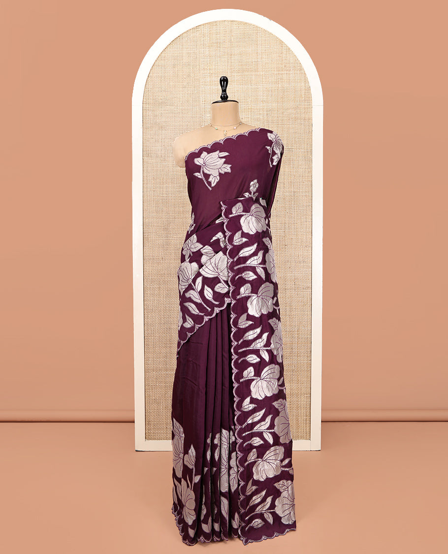 Purple Designer Saree, Beautifully Bedecked with Floral Embroidery, Scallop Border, and Matching Blouse