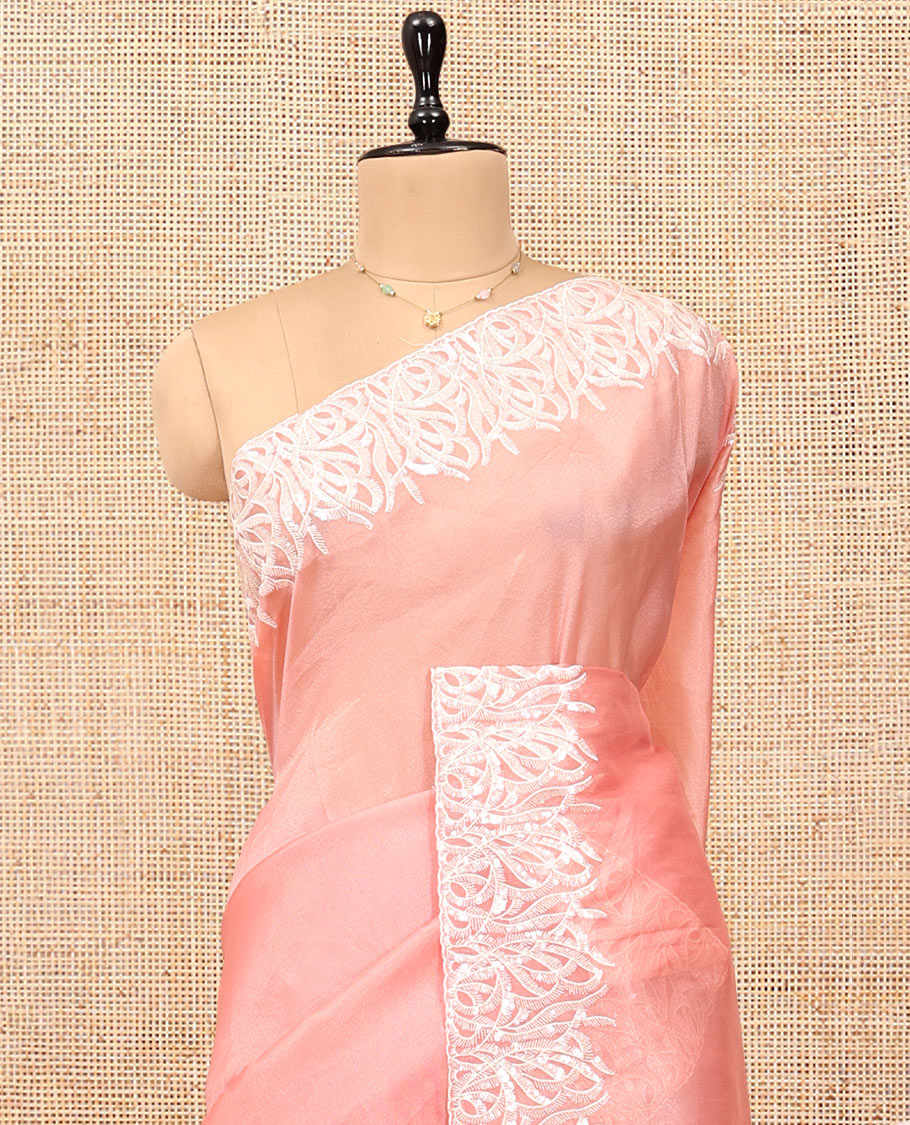 Pink Organza Saree, Mesmerized with Floral Thread Buttas, Scallop Floral Embroidery Border, and Matching Blouse