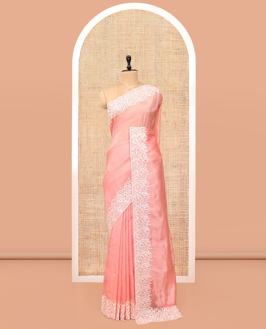 Pink Organza Saree, Mesmerized with Floral Thread Buttas, Scallop Floral Embroidery Border, and Matching Blouse