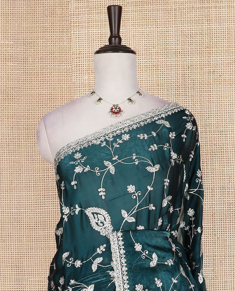 Teal blue floral vine embroidered designer organza saree, embroidered scallop border